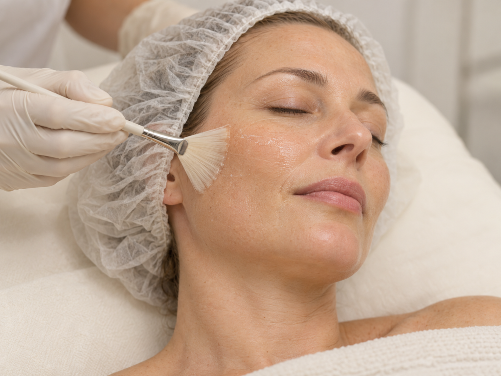 Imagen ilustrativa generada con IA: aplicación facial de una solución con brocha.