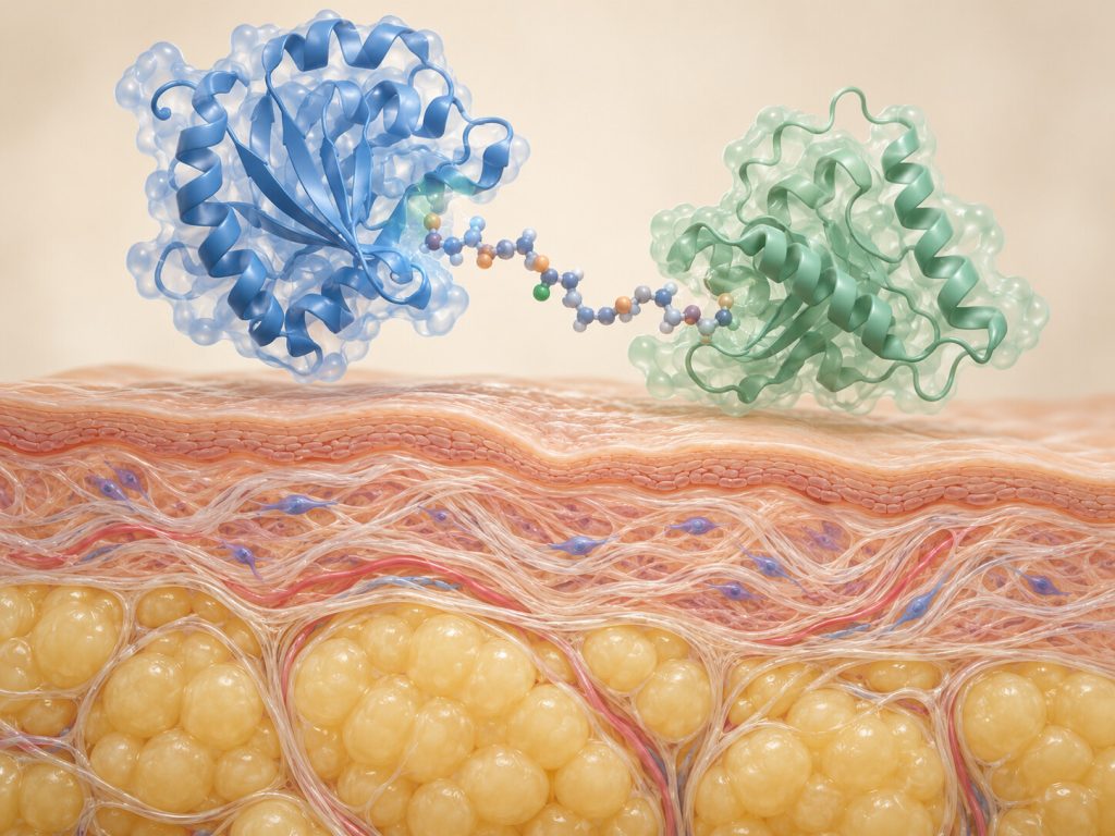 Ilustración conceptual generada con IA: proteínas enzimáticas y tejido cutáneo. No representa resultados de tratamiento.