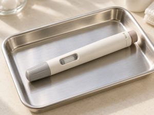 Imagen ilustrativa generada con IA: concepto de pluma precargada para medicamento, con tapa, sin marca ni dosis.