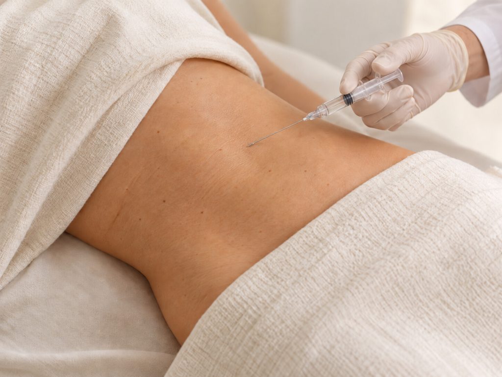 Imagen ilustrativa generada con IA: cánula muy fina y jeringa orientadas al abdomen para representar infiltración, sin aspiración.