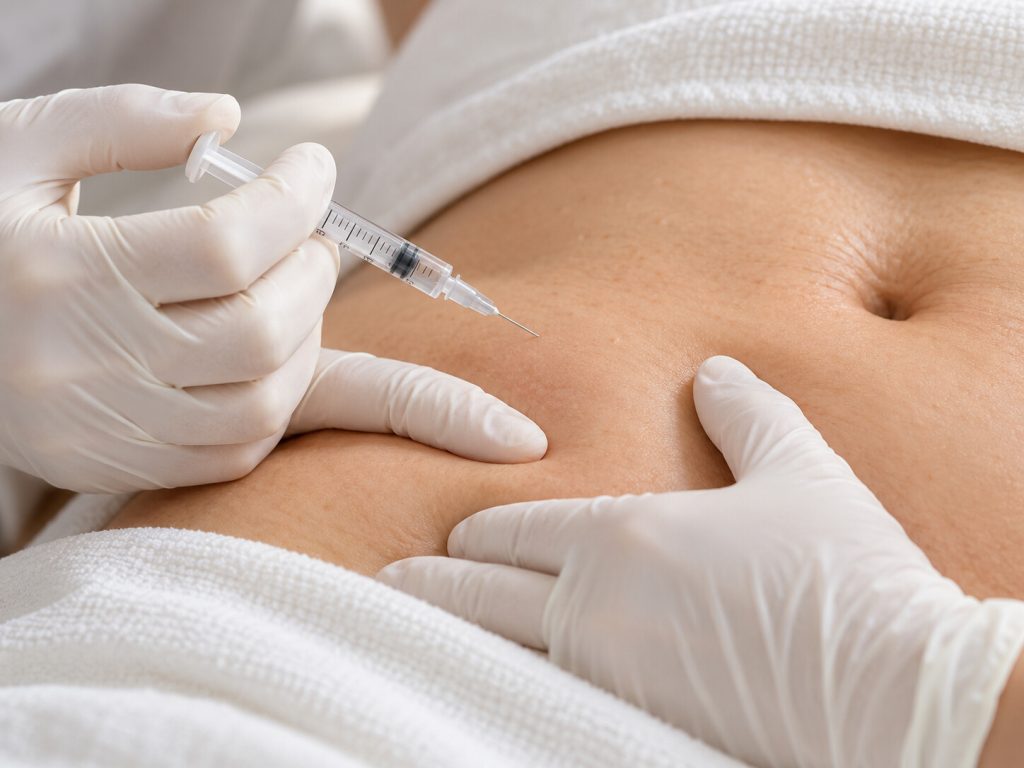 Imagen ilustrativa generada con IA: jeringa de aguja fina próxima a la piel abdominal para representar mesoterapia.