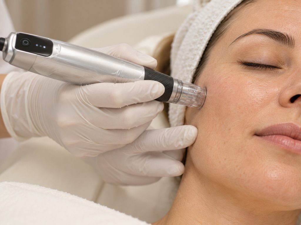 Imagen ilustrativa generada con IA: dispositivo de microneedling tipo Dermapen con cartucho sobre la mejilla.
