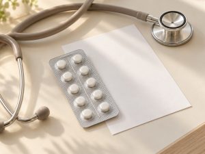 Imagen ilustrativa generada con IA: medicamentos en blíster, hoja de prescripción y estetoscopio, sin marca ni dosis.