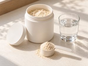 Imagen ilustrativa generada con IA: suplemento nutricional en polvo, medida y agua, sin marca.
